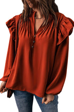 Load image into Gallery viewer, Orange Ruffled Pleated Buttoned V Neck Blouse | Tops/Blouses &amp; Shirts
