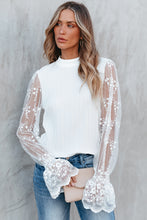 Load image into Gallery viewer, White Lace Sleeve Top | Contrast Lace Mock Neck Blouse
