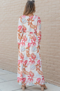 Maxi Dress | Tropical Plant Print Long Sleeve Wrap Dress