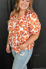 Load image into Gallery viewer, Orange Plus Size Floral Print Drawstring V Neck Short Sleeve Blouse | Plus Size/Plus Size Tops/Plus Size Blouses &amp; Shirts
