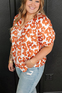 Orange Plus Size Floral Print Drawstring V Neck Short Sleeve Blouse | Plus Size/Plus Size Tops/Plus Size Blouses & Shirts