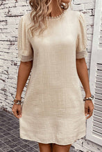 Load image into Gallery viewer, Puff Sleeve Mini Dress | Beige Crinkle Lace Trim Shift Dress
