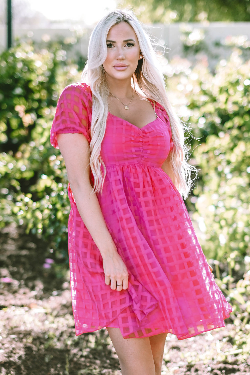 Strawberry Pink Checkered Puff Sleeve Babydoll Dress | Dresses/Mini Dresses