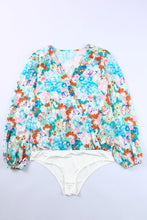 Load image into Gallery viewer, Sky Blue Floral Print Wrap Long Sleeve Bodysuit | Tops/Bodysuits
