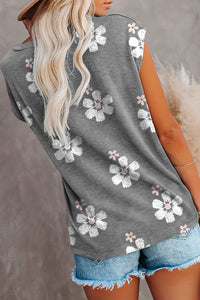 Gray Floral Cap Sleeve T-Shirt with Pocket | Tops/Tops & Tees