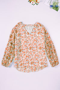 Orange Floral Print V Neck Long Puff Sleeve Top | Tops/Blouses & Shirts