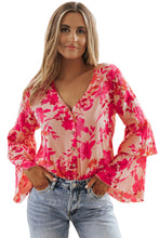 Load image into Gallery viewer, Womens Bodysuit | Pink Floral Print Tiered Bell Long Sleeve Buttoned Bodysuit | Tops/Bodysuits
