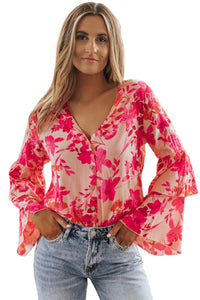 Womens Bodysuit | Pink Floral Print Tiered Bell Long Sleeve Buttoned Bodysuit | Tops/Bodysuits