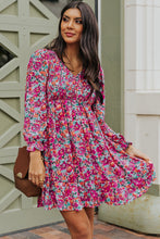 Load image into Gallery viewer, Purple Smocked V Neck Puffy Sleeve Floral Dress | Dresses/Floral Dresses
