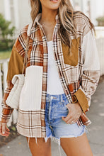 Load image into Gallery viewer, Orange Plaid Color Block Patchwork Shirt Jacket with Pocket | Outerwear/Jackets
