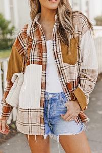 Orange Plaid Color Block Patchwork Shirt Jacket with Pocket | Outerwear/Jackets