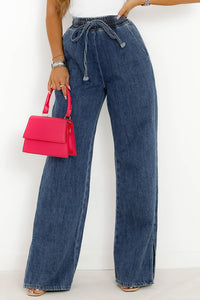 Wide Leg Jeans | Dark Blue Drawstring Elastic Waist