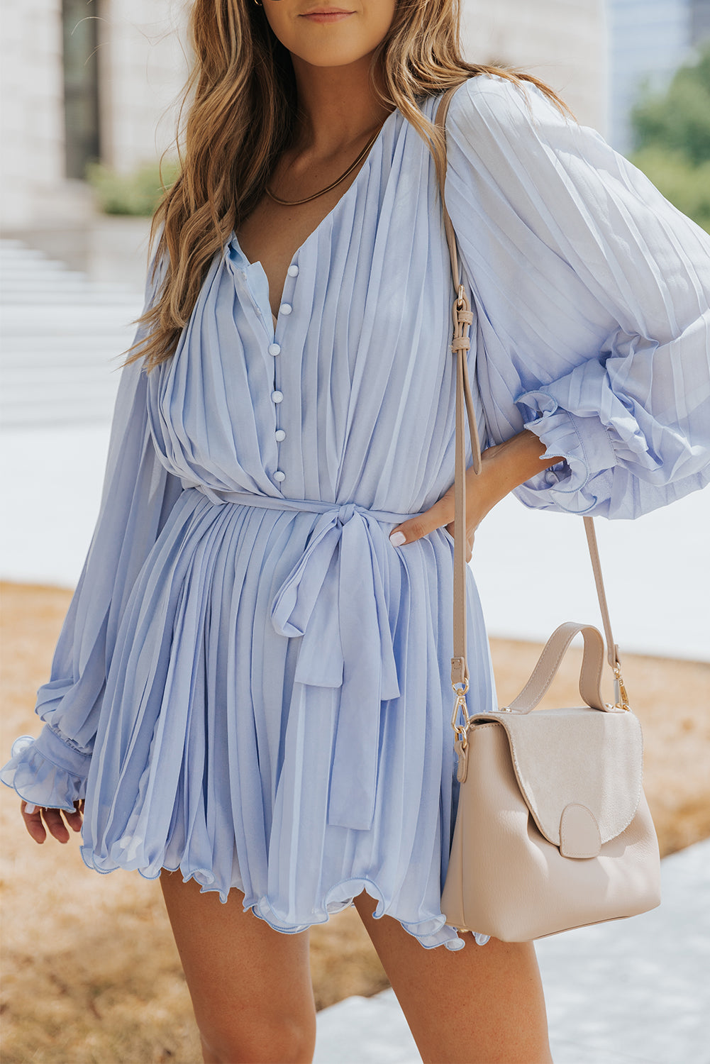 Womens Romper | Sky Blue Pleated Ruffled Tie Waist Buttons V Neck Romper | Bottoms/Jumpsuits & Rompers