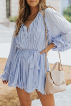 Load image into Gallery viewer, Womens Romper | Sky Blue Pleated Ruffled Tie Waist Buttons V Neck Romper | Bottoms/Jumpsuits &amp; Rompers
