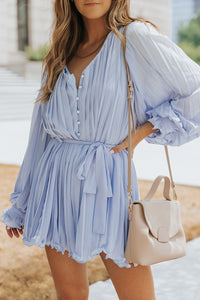 Womens Romper | Sky Blue Pleated Ruffled Tie Waist Buttons V Neck Romper | Bottoms/Jumpsuits & Rompers