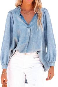 Sky Blue Split V-Neck Balloon Sleeve Ruched Denim Top | Tops/Blouses & Shirts