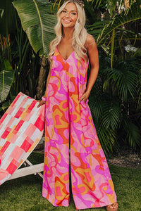 Wide Leg Jumpsuit  Pink Boho Abstract Print V Neck