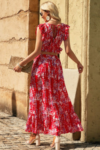 Fiery Red Multicolor Floral Ruffled Crop Top and Maxi Skirt Set | Two Piece Sets/Two Piece Dresses