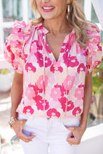 Load image into Gallery viewer, Pink Split Neck Ruffled Puff Sleeves Floral Top | Tops/Tops &amp; Tees
