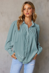 Sky Blue Solid Color Button Up Puff Sleeve Blouse | Tops/Blouses & Shirts