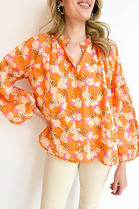 Floral Print Top | Orange Loose Sleeve Shirt