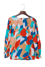 Load image into Gallery viewer, Multicolor Abstract Pattern Crewneck Ruffled Puff Sleeve Blouse | Tops/Blouses &amp; Shirts
