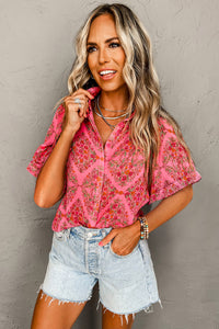 Rose Red Floral Print Wide Short Sleeve Loose Shirt | Tops/Blouses & Shirts