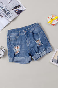 Denim Shorts | Casual Floral Patchwork Rolled Hem