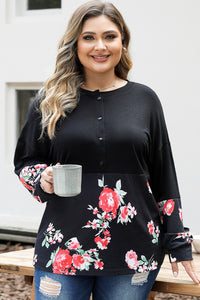 Black Plus Size Floral Printed Splicing Half Button Top | Plus Size/Plus Size Tops/Plus Size Long Sleeve Tops