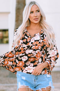 Brown Floral Print 3/4 Sleeve Babydoll Blouse | Tops/Blouses & Shirts