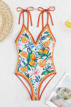 Load image into Gallery viewer, Orange Fruit Plant Print Tied Straps V Neck One Piece Swimsuit | Swimwear/One Piece Swimsuit
