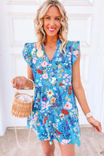 Load image into Gallery viewer, V Neck Ruffled Dress | Sky Blue Floral Flutter Sleeve Dress
