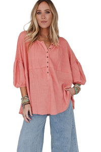 Pink Waffled Bracelet Sleeve Oversized Henley Top | Tops/Blouses & Shirts