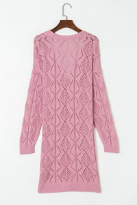 Pink Hollow-out Openwork Knit Cardigan