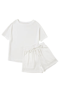 Drawstring Shorts Set | White Casual Textured Tee and Shorts