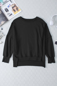 Black Exposed Seam Drop Shoulder Slit High Low Hem Sweatshirt | Tops/Sweatshirts & Hoodies