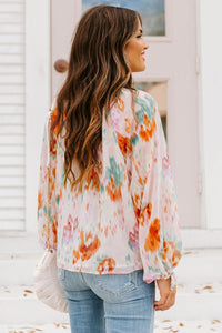 Womens Blouse | Multicolor Abstract Print Split Neck Puff Sleeve Blouse | Tops/Blouses & Shirts