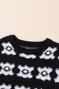 White Printed Retro Flower Pattern Knit Fuzzy Sweater | Tops/Sweaters & Cardigans