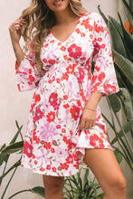 Load image into Gallery viewer, Orange V Neck 3/4 Sleeve Floral Dress | Dresses/Floral Dresses
