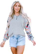 Load image into Gallery viewer, V Neck Top | Gray Floral Lantern Sleeve Patchwork Blouse
