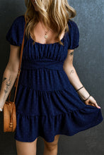 Load image into Gallery viewer, Puff Sleeve Dress | Navy Blue Swiss Dot Crossover Tiered Dress
