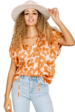 Load image into Gallery viewer, Orange Satin Floral Puff Sleeve Tied Split Neck Top | Tops/Tops &amp; Tees
