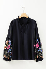 Load image into Gallery viewer, Black Floral Patched Flounce Sleeve Split Neck Blouse | Tops/Blouses &amp; Shirts
