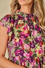 Load image into Gallery viewer, Green Floral Print Ruched Flutter Sleeve Frilled Neck Mini Dress | Dresses/Floral Dresses
