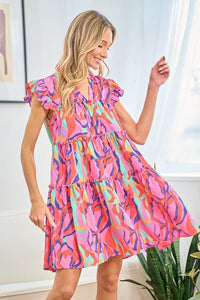 Tiered Dress | Full Size Printed Ruffle Cap Sleeve Mini Dress