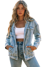 Load image into Gallery viewer, Sky Blue Button Closure Ripped Hooded Denim Jacket | Outerwear/Denim jackets
