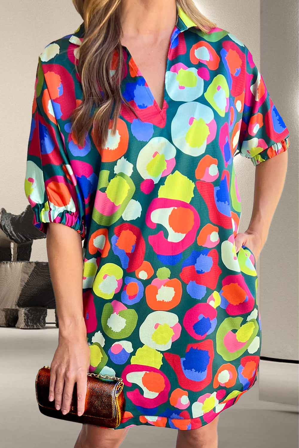 Womens Mini Dress | Printed Johnny Collar Half Sleeve Mini Dress | Dress