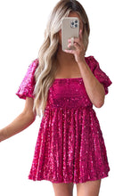 Load image into Gallery viewer, Womens Romper | Rose Red Short Puff Sleeve Sequin Babydoll Romper | Bottoms/Jumpsuits &amp; Rompers
