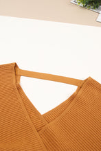 Load image into Gallery viewer, Brown Rib Knit Surplice Neck Belted Peplum Sweater | Tops/Sweaters &amp; Cardigans
