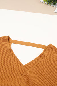 Brown Rib Knit Surplice Neck Belted Peplum Sweater | Tops/Sweaters & Cardigans